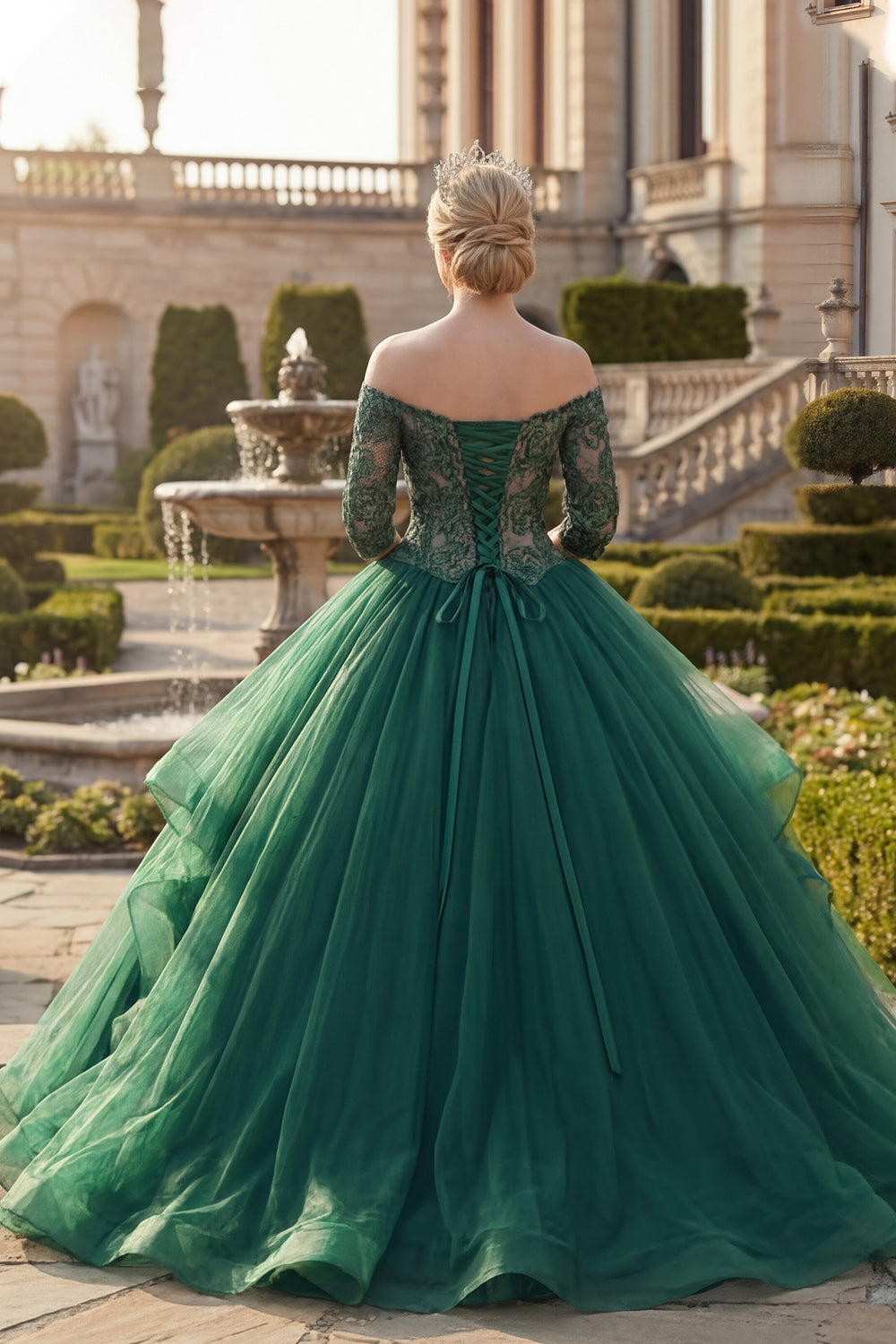 Off the Shoulder Dark Green Princess Floral Long Quinceanera Dress with Ruffles