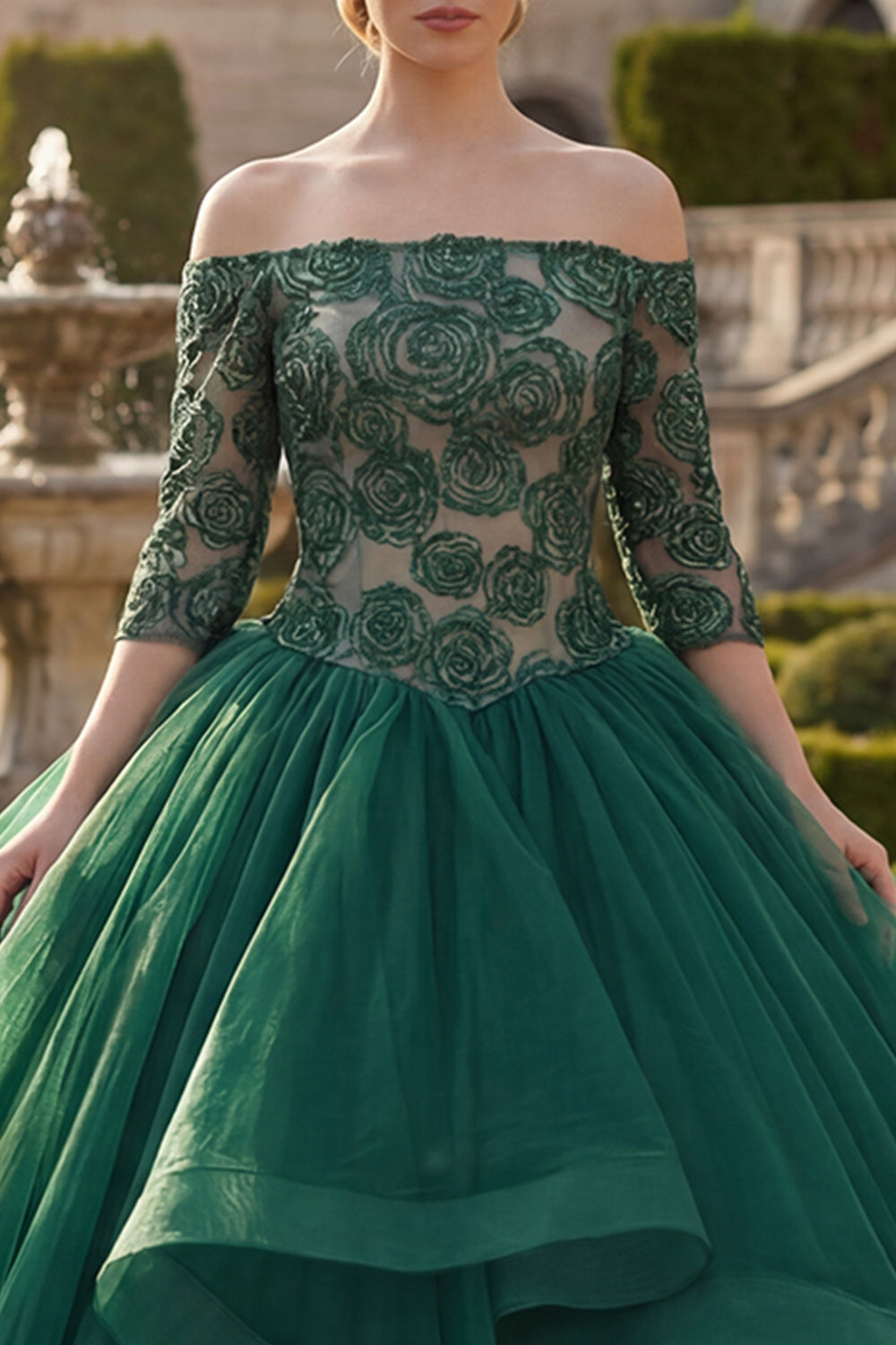 Off the Shoulder Dark Green Princess Floral Long Quinceanera Dress with Ruffles
