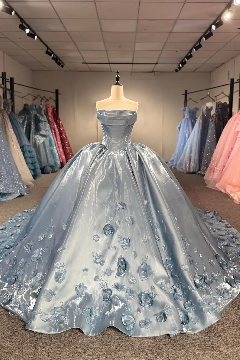 Dusty Blue Corset Floral Strapless Long Quinceanera Dress Satin Ball Gown Sleeveless Sweet 16 Dress with 3D Flower