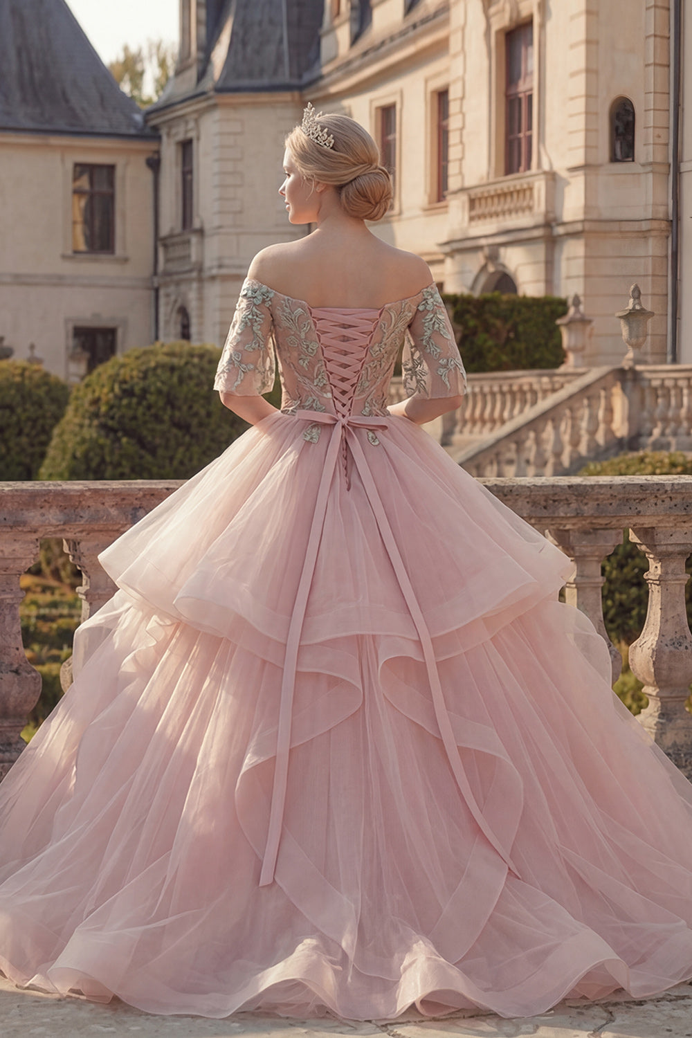 Princess Ruffled Blush Beaded Long Quinceanera Dress with Sash
