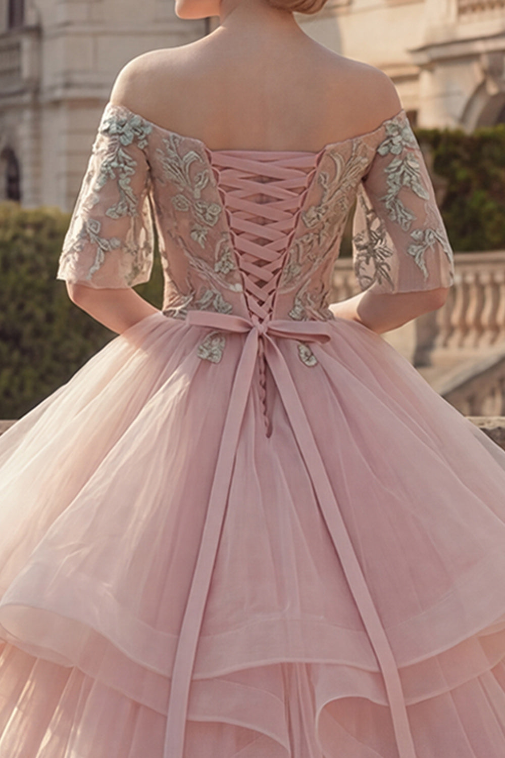 Princess Ruffled Blush Beaded Long Quinceanera Dress with Sash