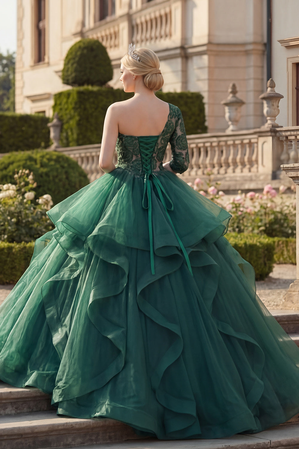 Dark Green Princess One Shoulder Floral Long Quinceanera Dress with Ruffles