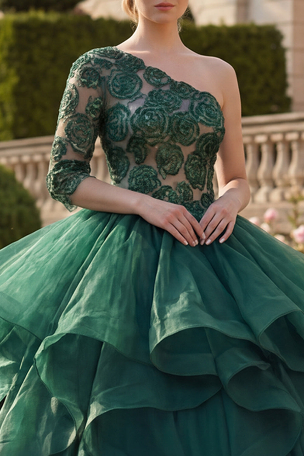 Dark Green Princess One Shoulder Floral Long Quinceanera Dress with Ruffles