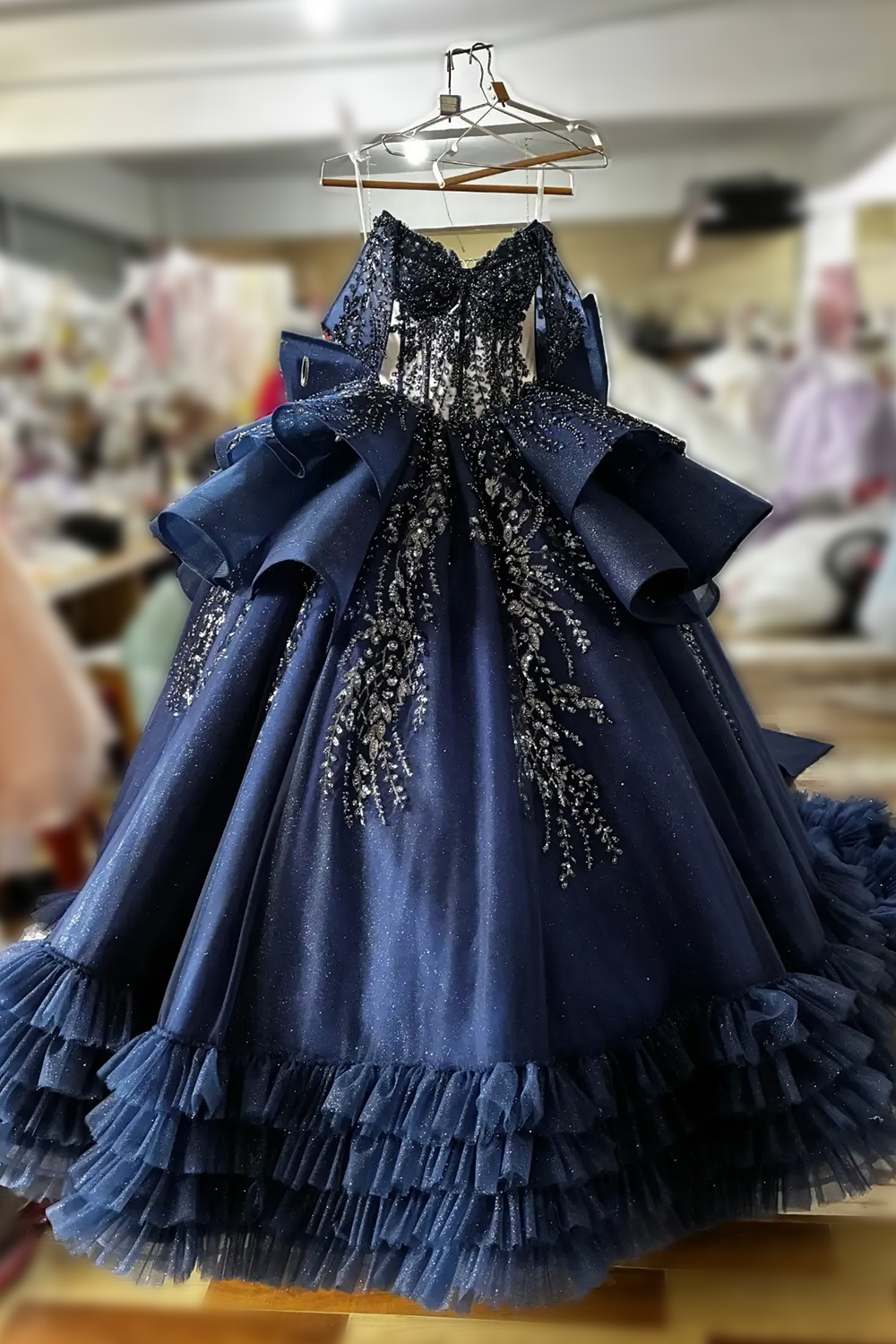 Navy Sparkly Corset Beaded Ruffled Appliqued Long Quinceanera Dress Glitter Tiered Tulle Ball Gown Off the Shoulder Sweet 16 Dress