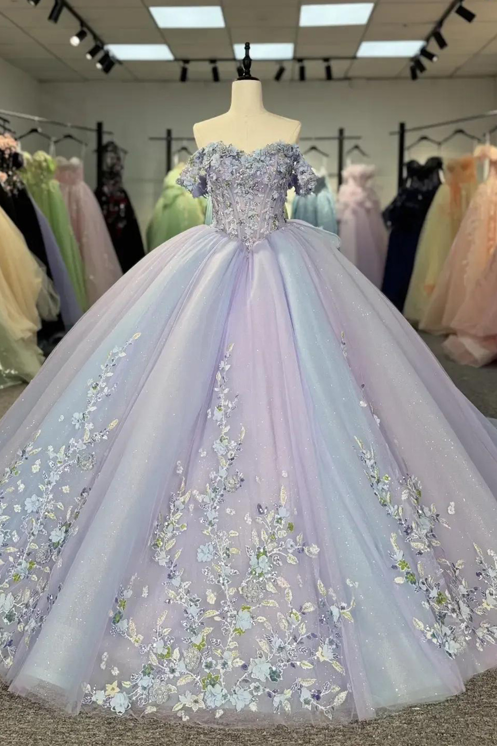 Lilac Sparkly Glitter Corset Tulle Long Quinceanera Dress Ball Gown Off the Shoulder Floral Sweet 16 Dress