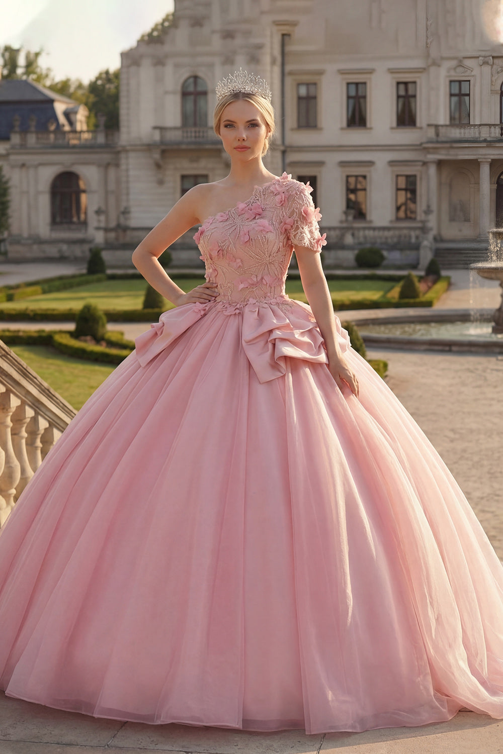 Pink Floral One Shoulder Long Princess Quinceanera Dress with Ruffles