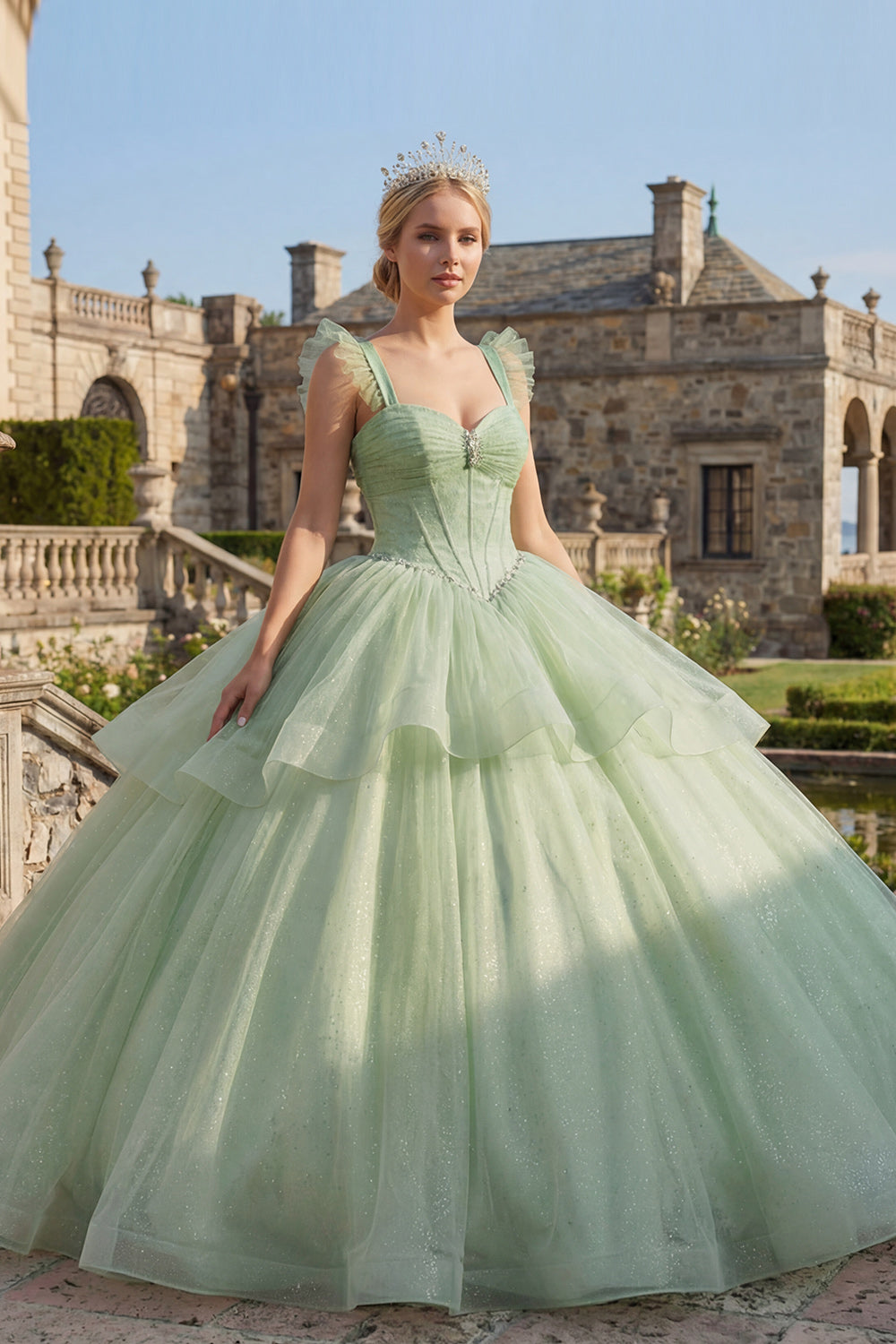 Mint Green Corset Beaded Long Glitter Princess Quinceanera Dress with Ruffles