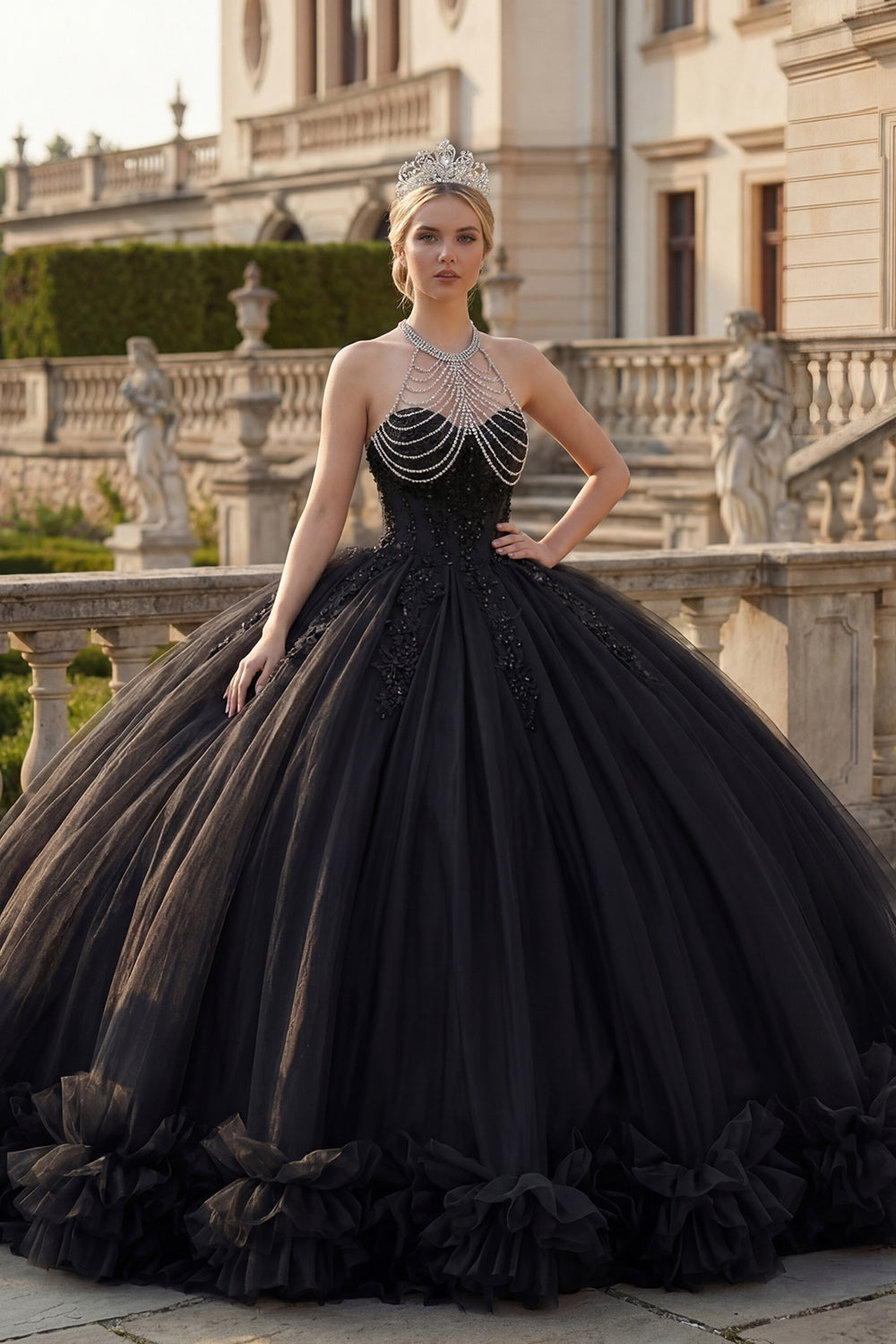 Black Halter Backless Princess Sparkly Long Quinceanera Dress with Beading