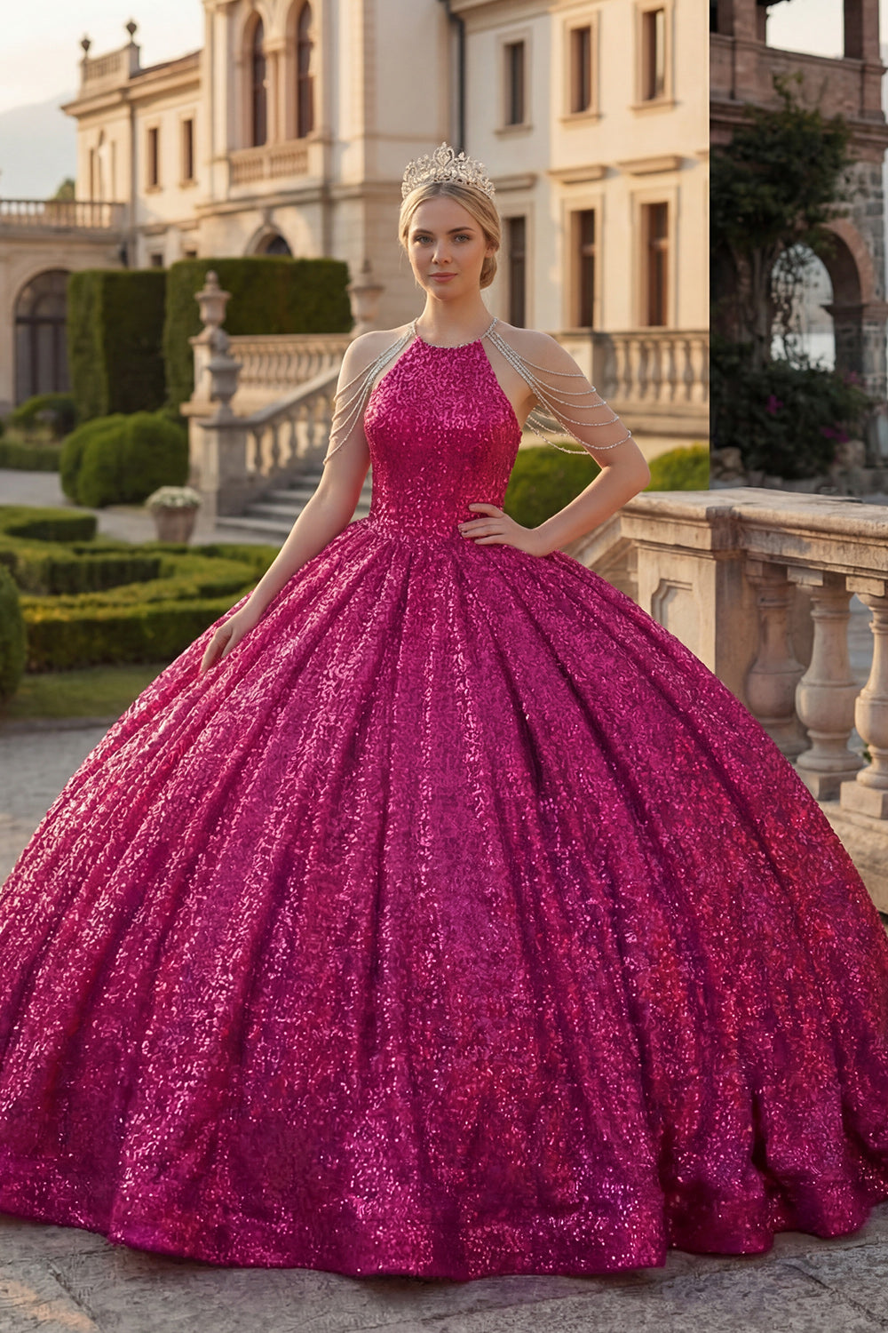 Sparkly Fuchsia Long Sequin Princess Quinceanera Dress with Beading