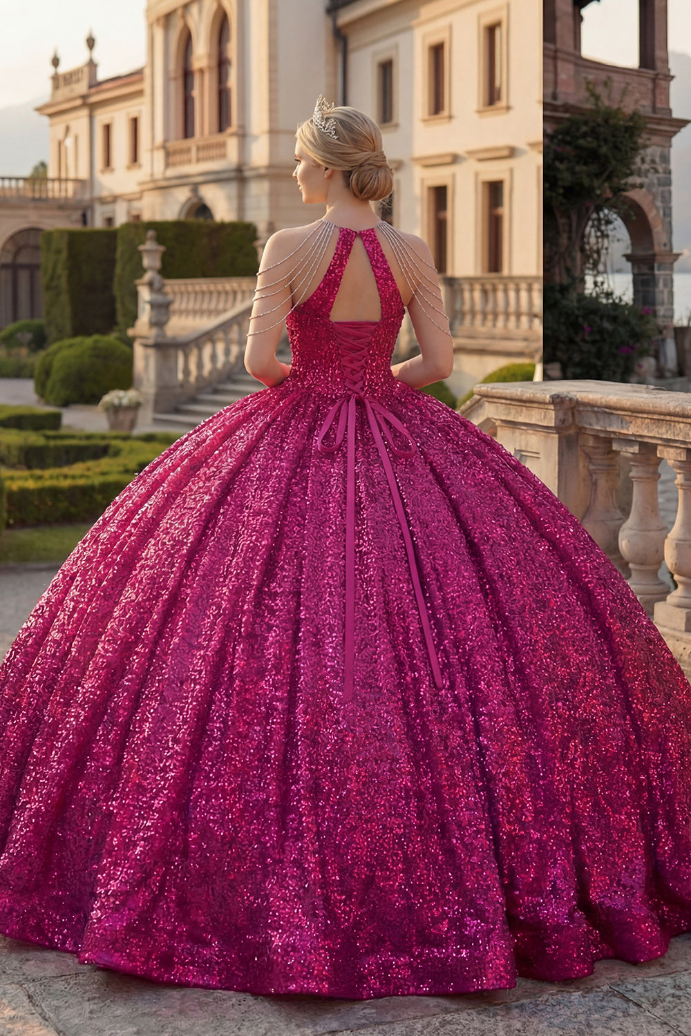 Sparkly Fuchsia Long Sequin Princess Quinceanera Dress with Beading
