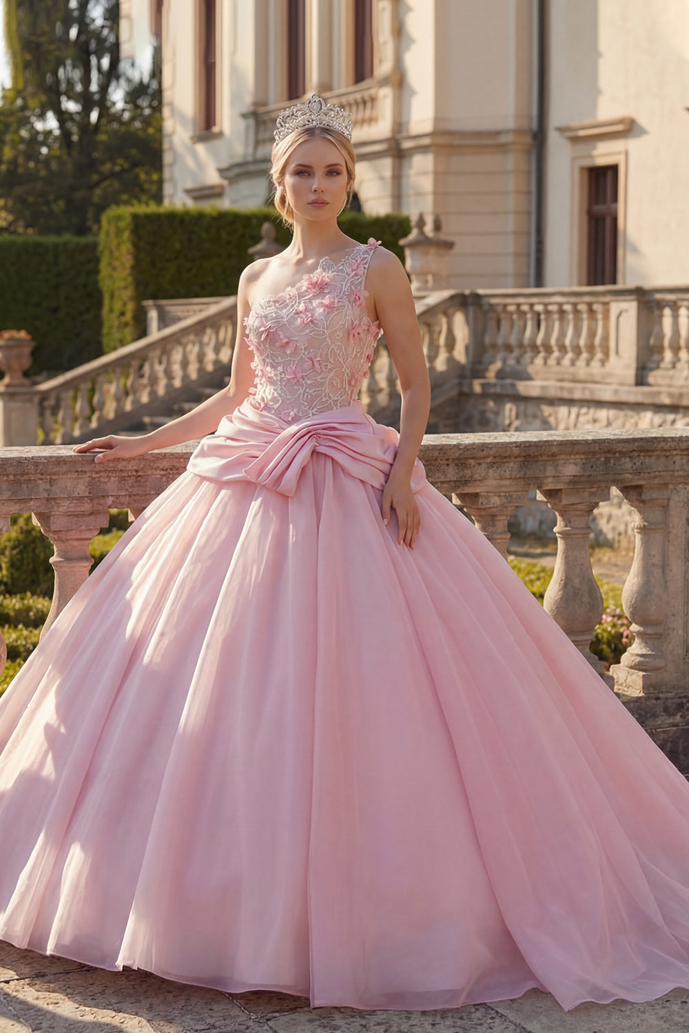 One Shoulder Ruched Pink Floral Princess Long Quinceanera Dress with Beading