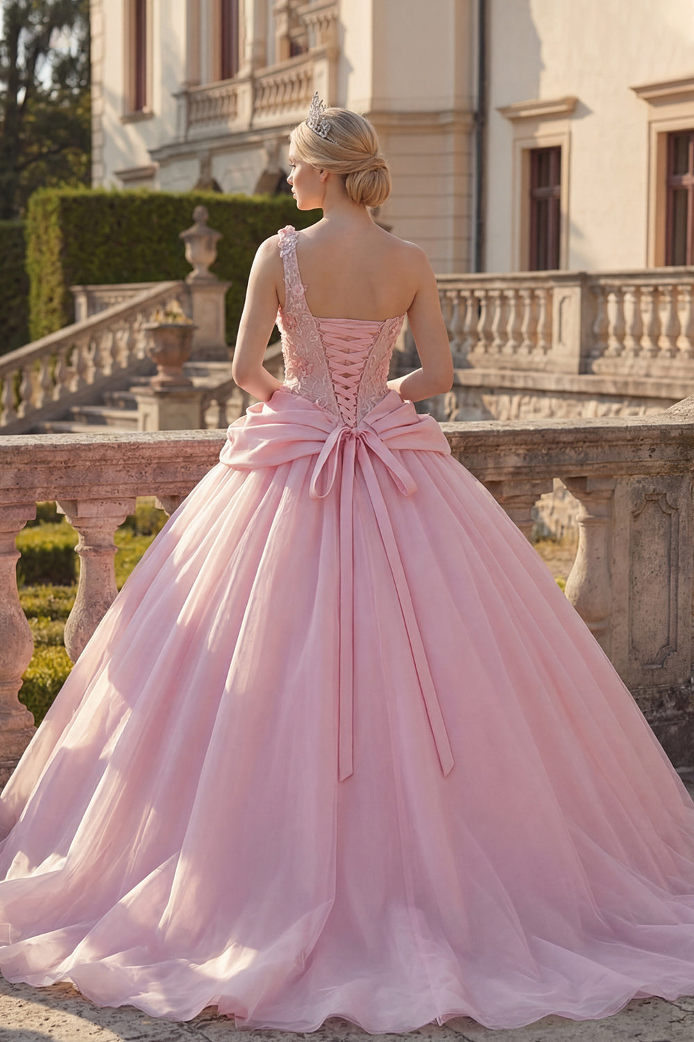 One Shoulder Ruched Pink Floral Princess Long Quinceanera Dress with Beading