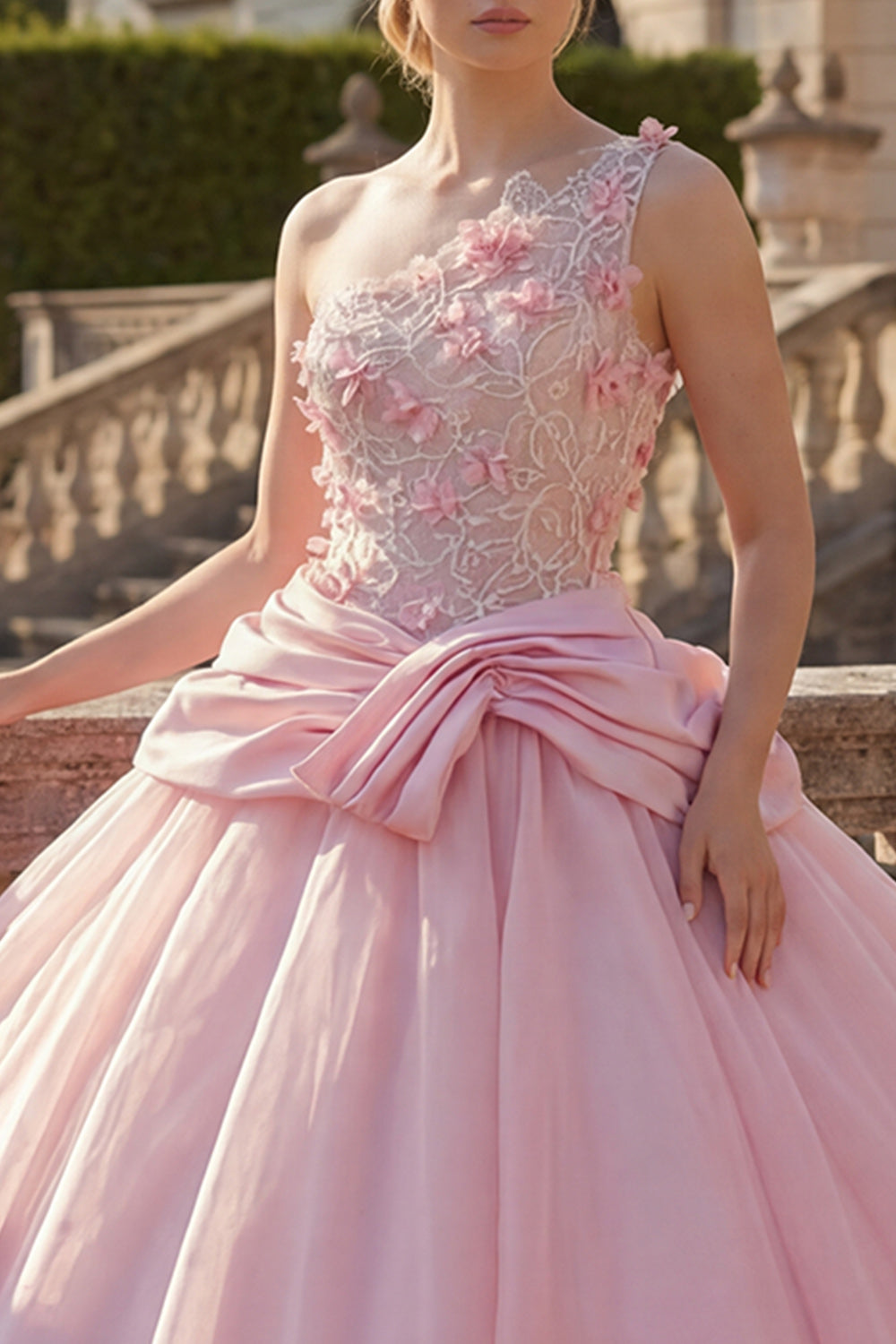 One Shoulder Ruched Pink Floral Princess Long Quinceanera Dress with Beading