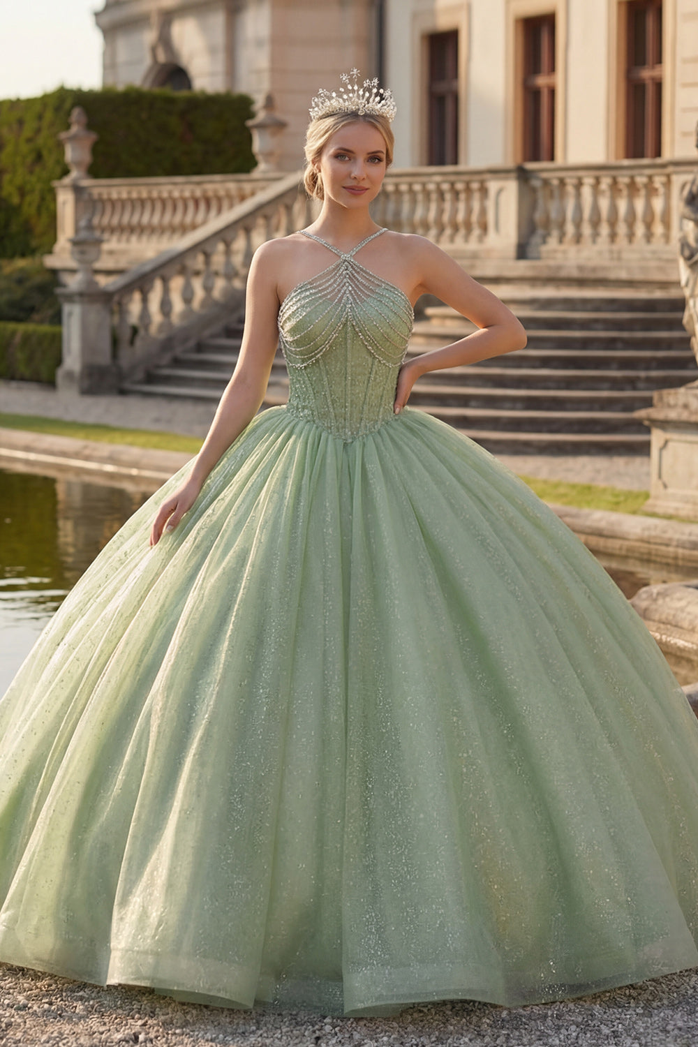 Mint Green Corset Glitter Long Princess Halter Quinceanera Dress with Beading