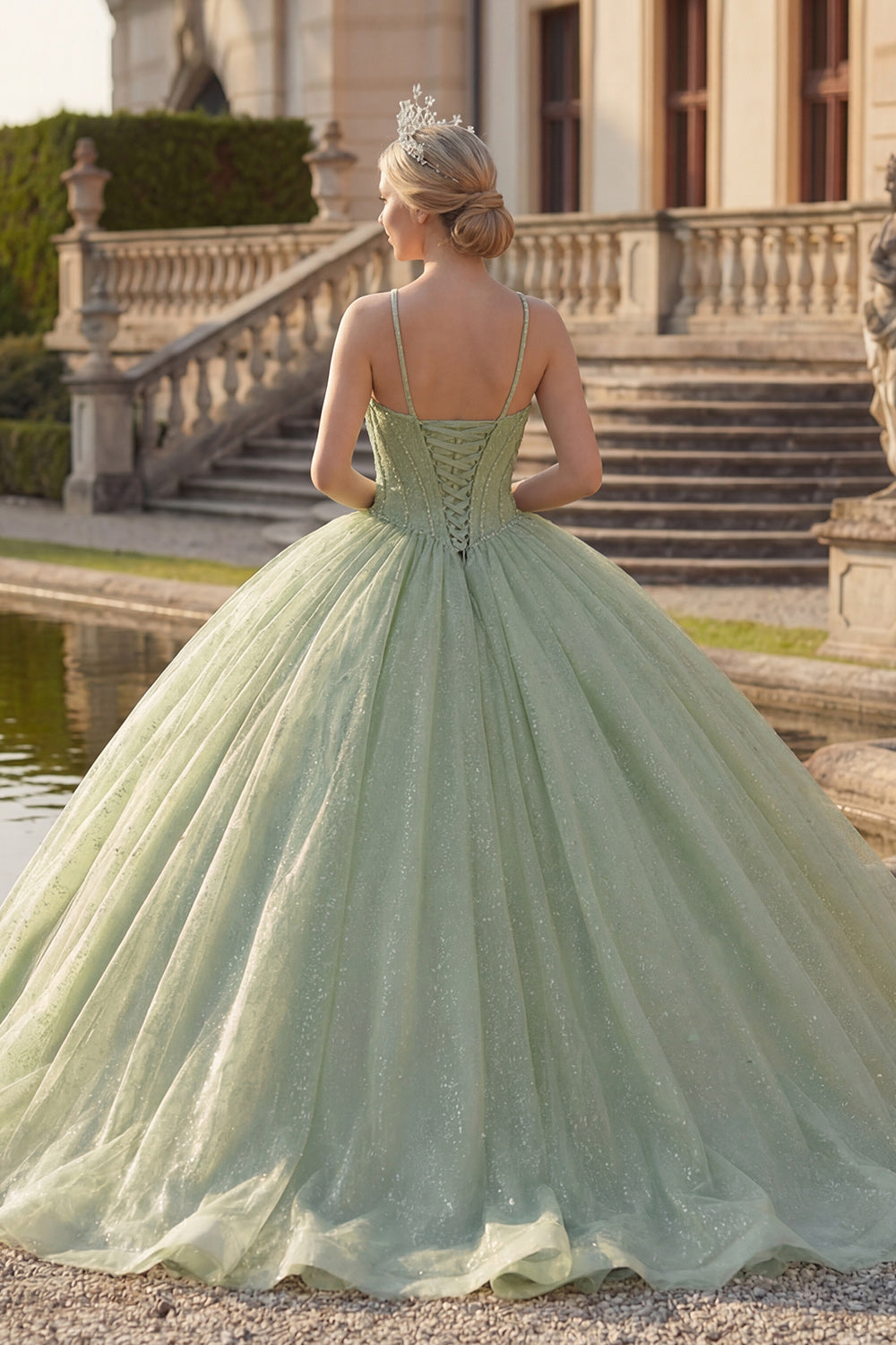 Mint Green Corset Glitter Long Princess Halter Quinceanera Dress with Beading