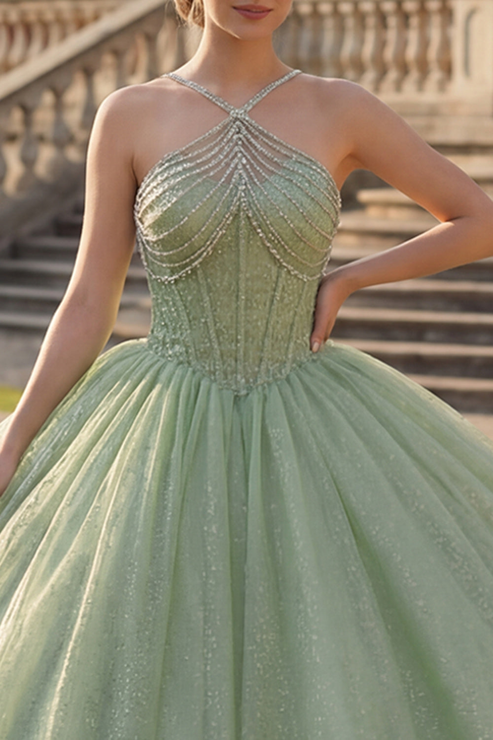 Mint Green Corset Glitter Long Princess Halter Quinceanera Dress with Beading