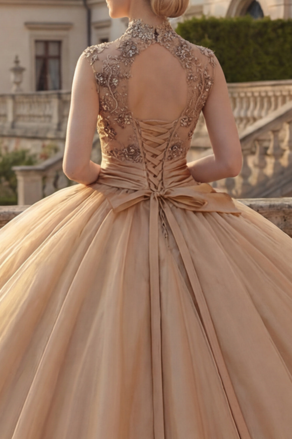 High Neck Champagne Floral Princess Beaded Long Quinceanera Dress with Ruffles