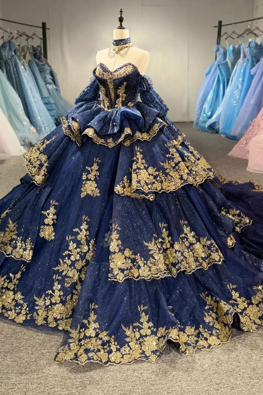 Sparkly Navy Floral Tiered Sequins Corset Long Quinceanera Dress Glitter Ball Gown Tulle Off the Shoulder Long Sleeves Sweet 16 Dress