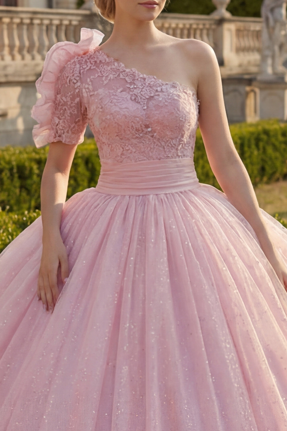 Glitter Ruffled Pink Princess Long Quinceanera Dress with Lace
