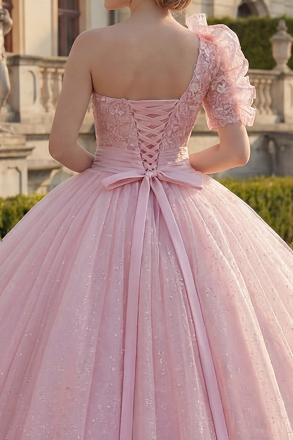 Glitter Ruffled Pink Princess Long Quinceanera Dress with Lace
