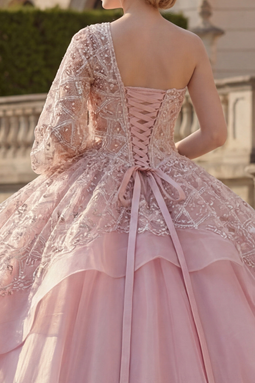 Sparkly Pink One Shoulder Princess Beaded Long Quinceanera Dress with Ruffles