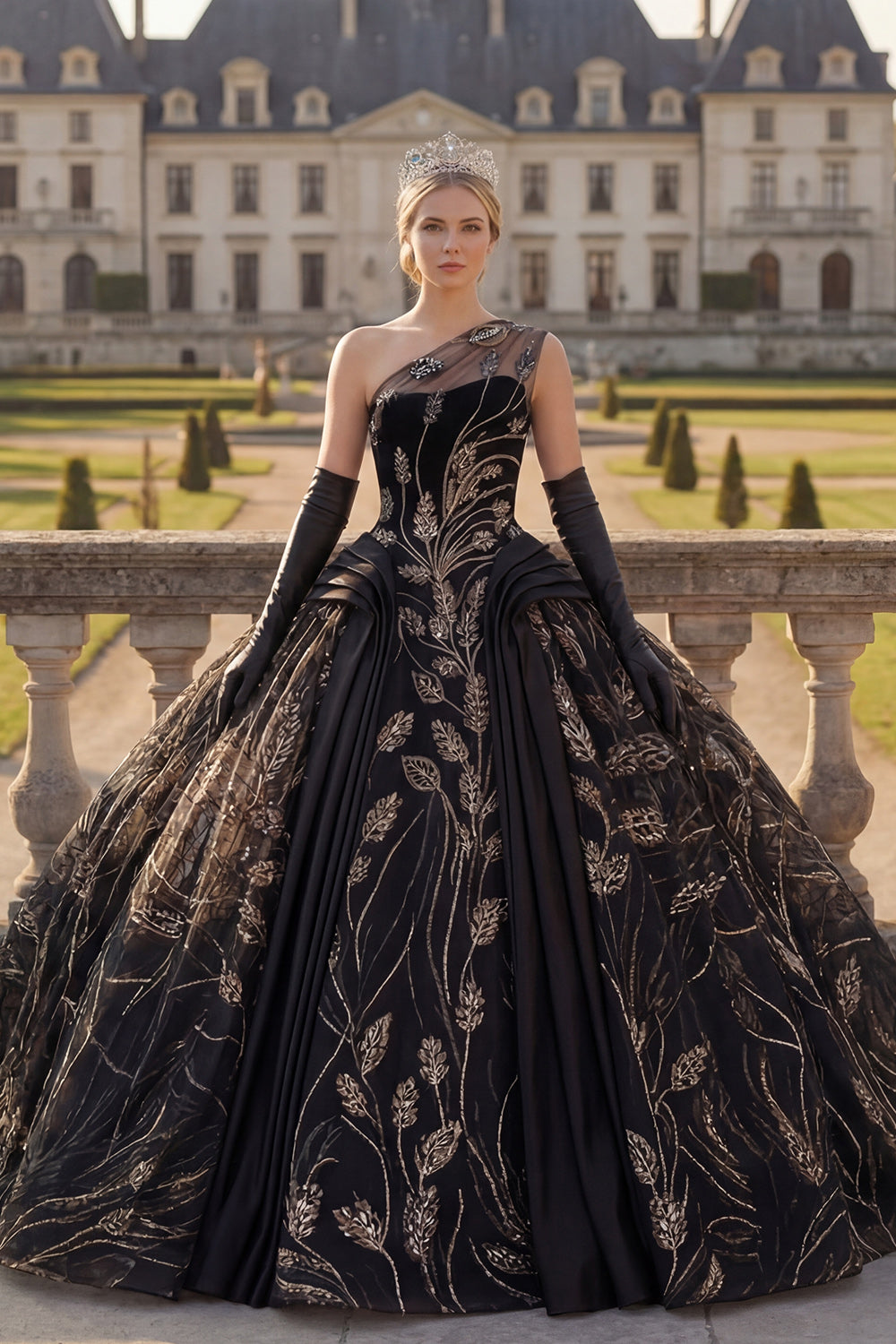 Sequin Black One Shoulder Princess Beaded Long Quinceanera Dress
