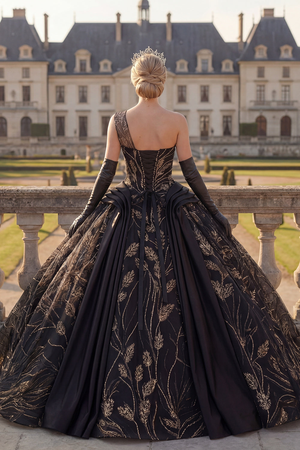 Sequin Black One Shoulder Princess Beaded Long Quinceanera Dress