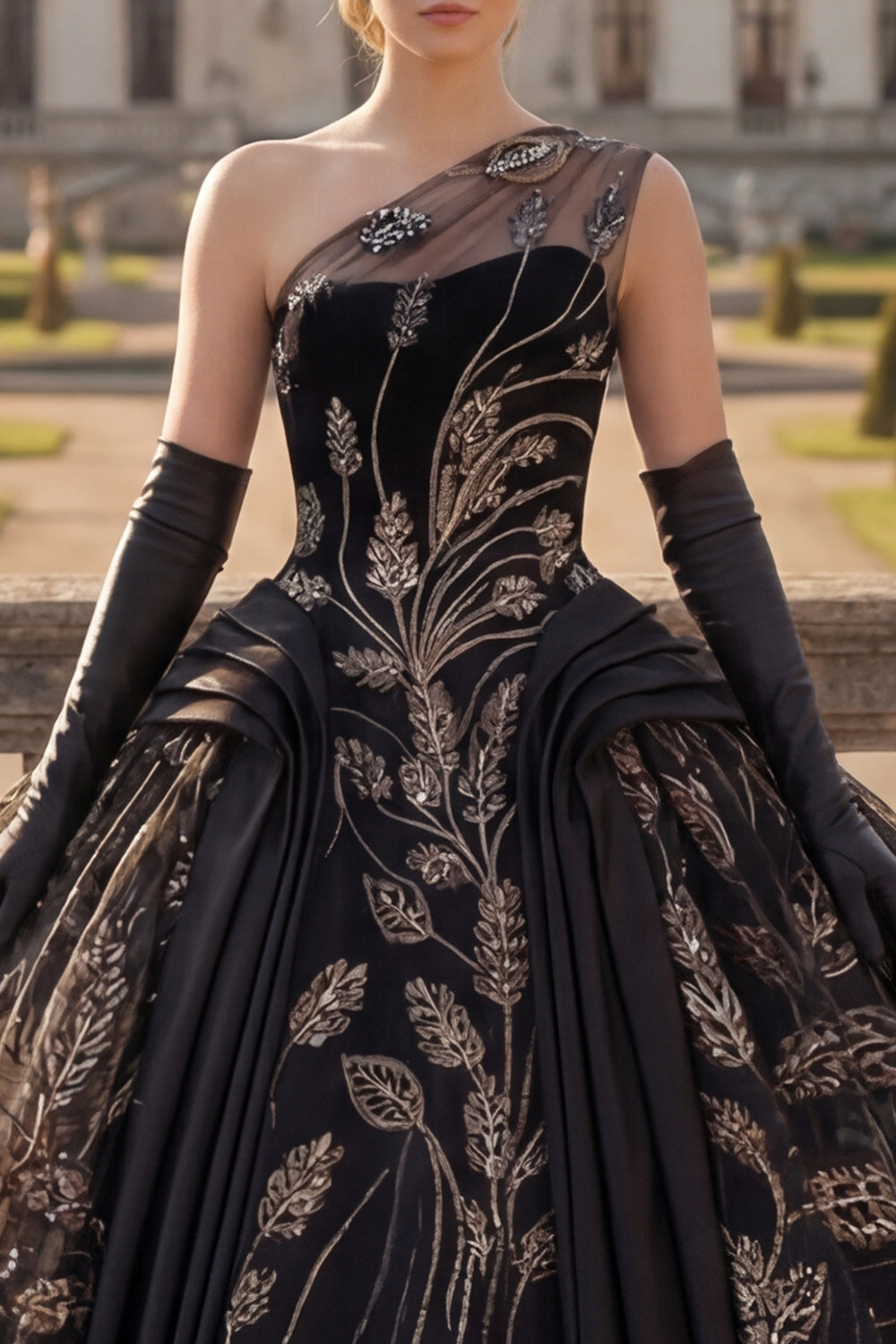 Sequin Black One Shoulder Princess Beaded Long Quinceanera Dress