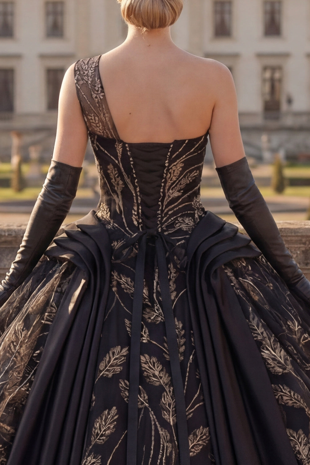 Sequin Black One Shoulder Princess Beaded Long Quinceanera Dress