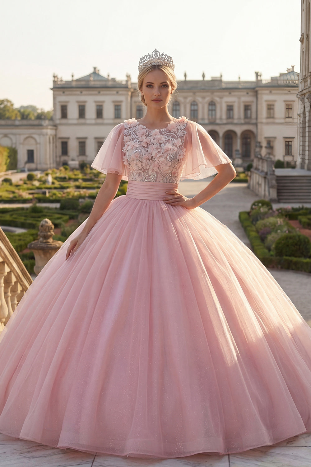 Pink Floral Flutter Sleeves Princess Glitter Long Beaded Quinceanera Dress