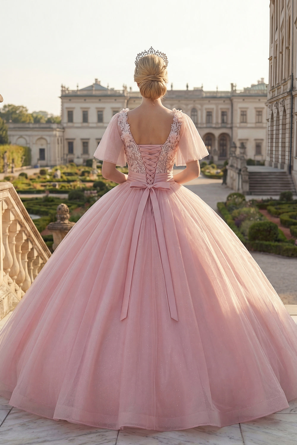 Pink Floral Flutter Sleeves Princess Glitter Long Beaded Quinceanera Dress