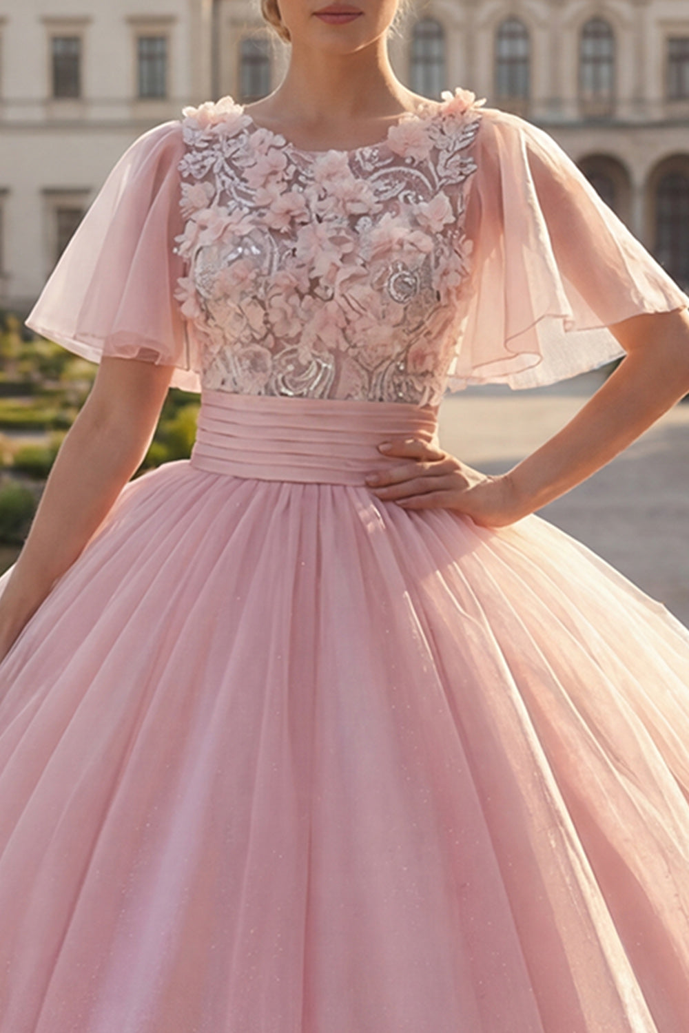 Pink Floral Flutter Sleeves Princess Glitter Long Beaded Quinceanera Dress