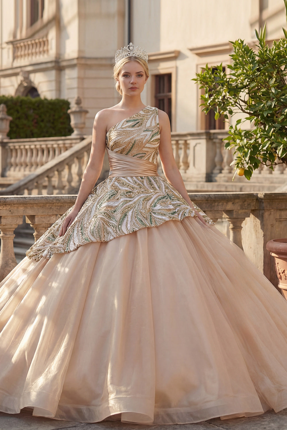 Sparkly Sequin Ruched Champagne One Shoulder Princess Long Quinceanera Dress