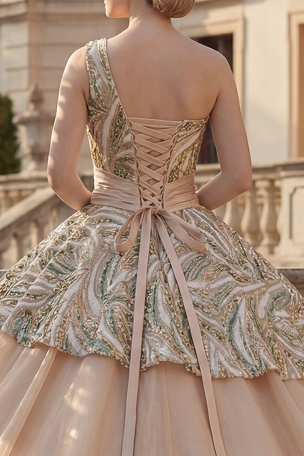 Sparkly Sequin Ruched Champagne One Shoulder Princess Long Quinceanera Dress