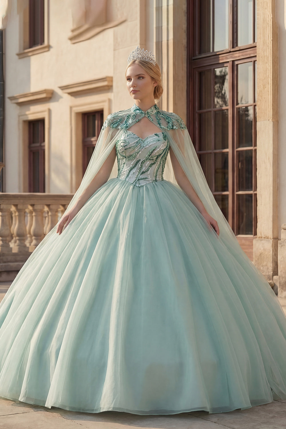 Sparkly Mint Green Princess Long Sequin Quinceanera Dress with Cape
