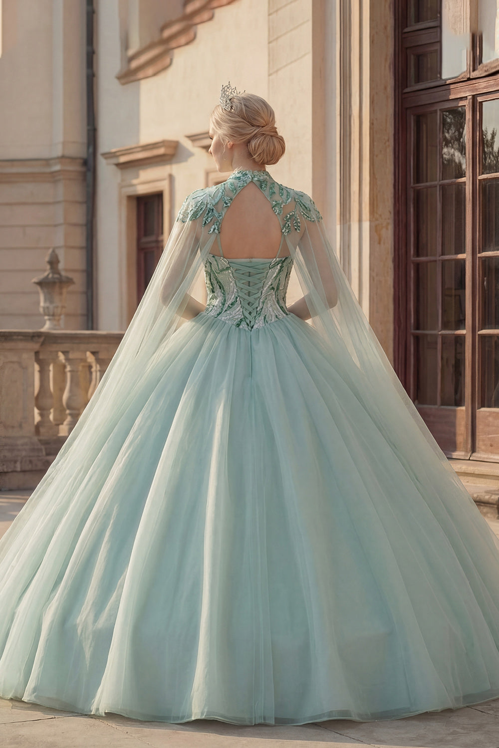 Sparkly Mint Green Princess Long Sequin Quinceanera Dress with Cape