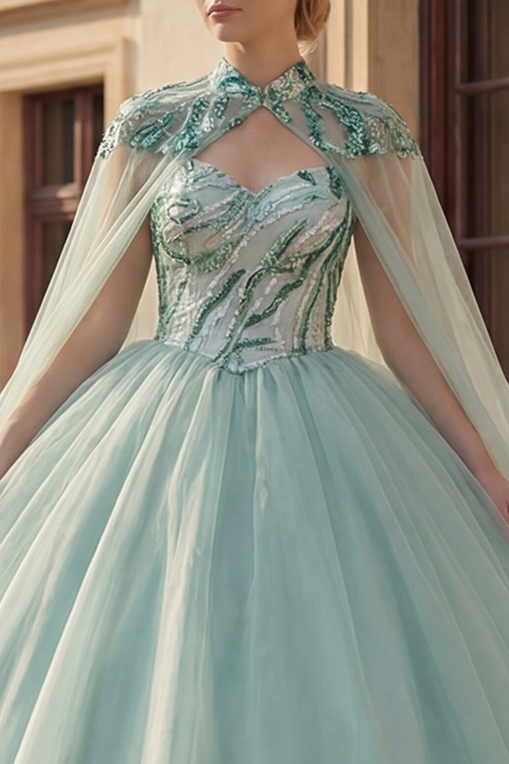 Sparkly Mint Green Princess Long Sequin Quinceanera Dress with Cape