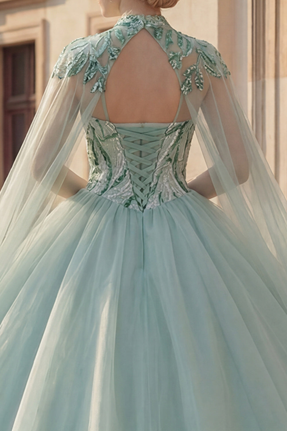 Sparkly Mint Green Princess Long Sequin Quinceanera Dress with Cape