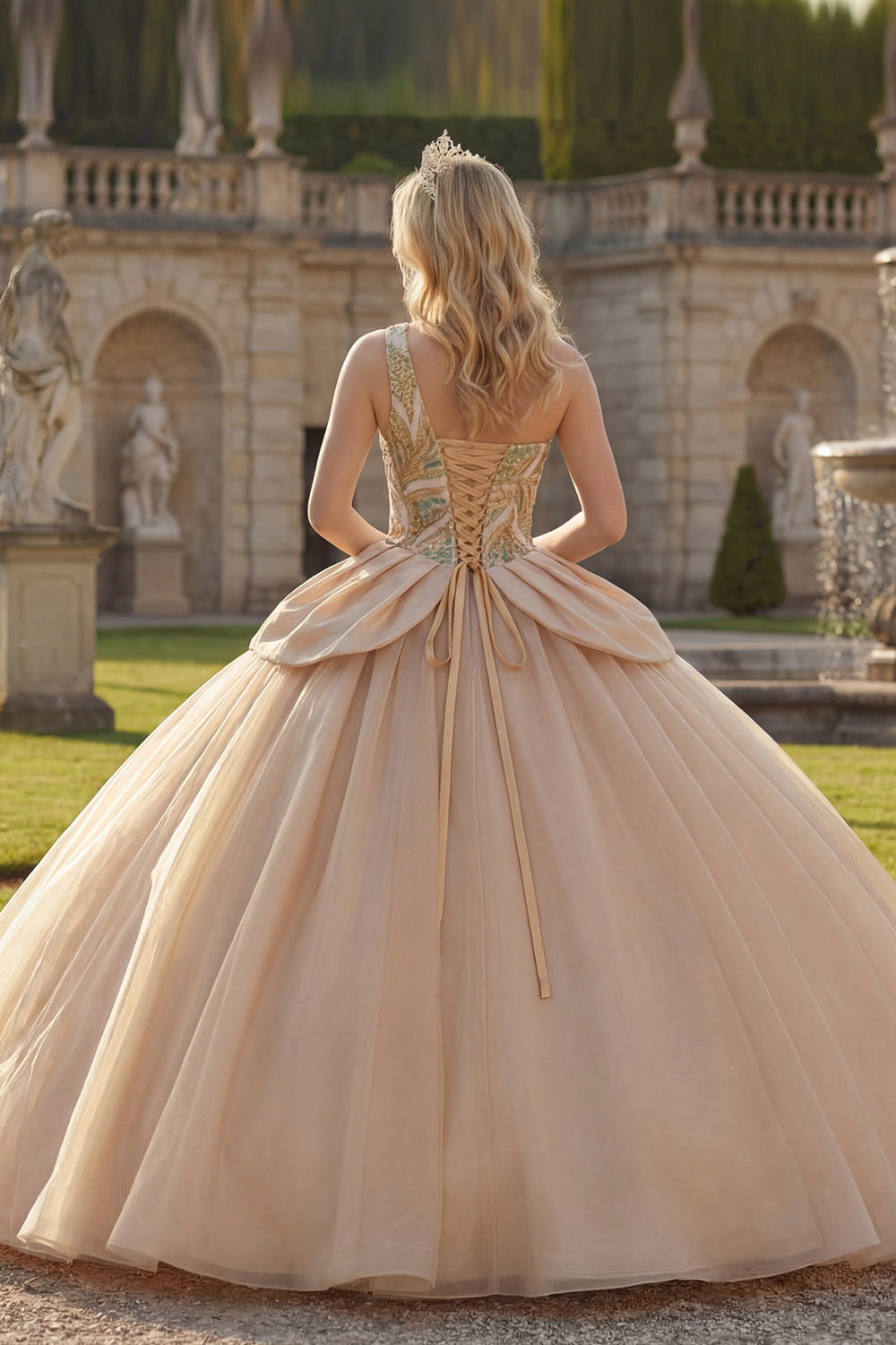 Princess Long Sparkly Champagne Sequin Quinceanera Dress with Ruffles