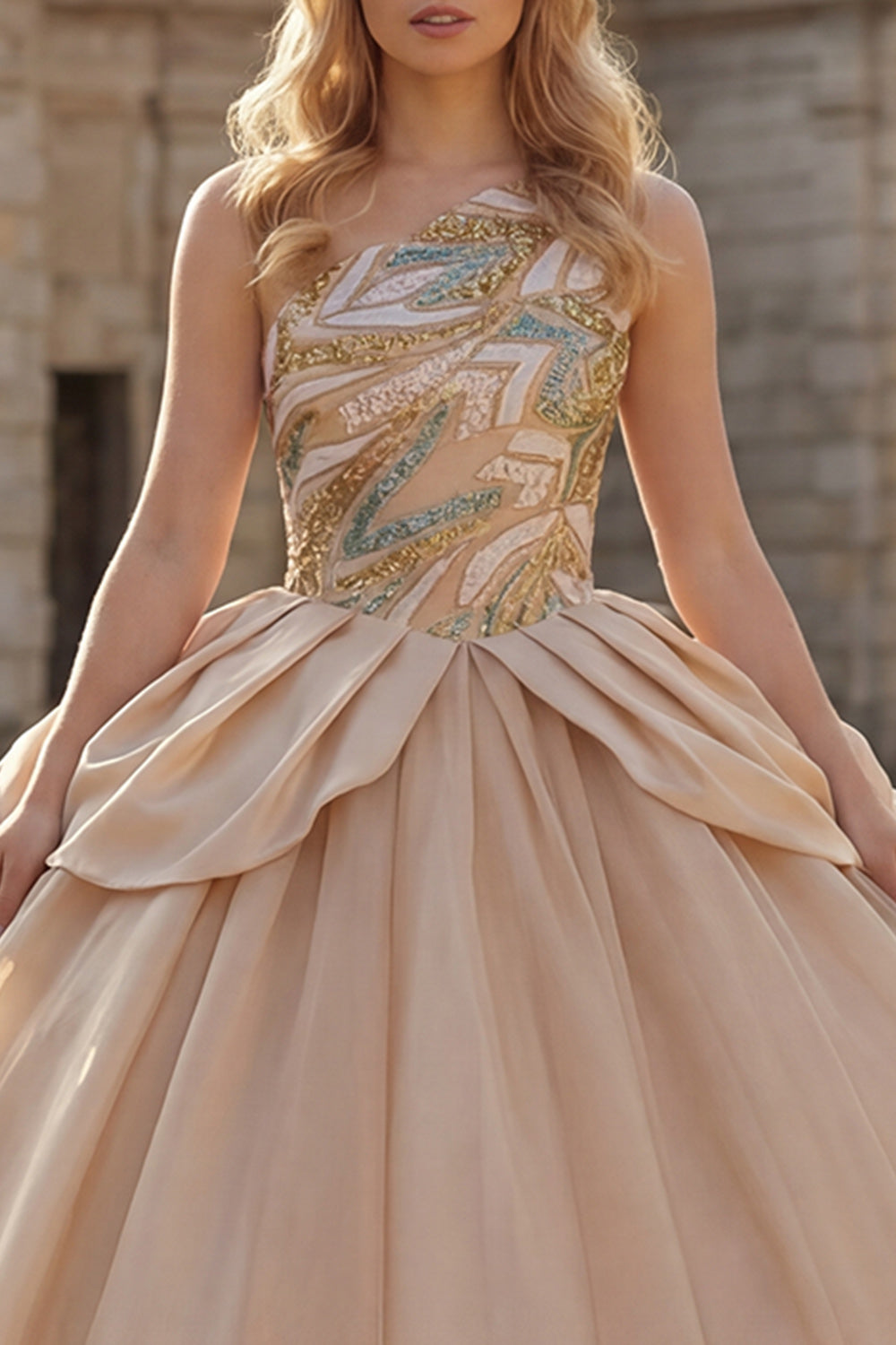 Princess Long Sparkly Champagne Sequin Quinceanera Dress with Ruffles