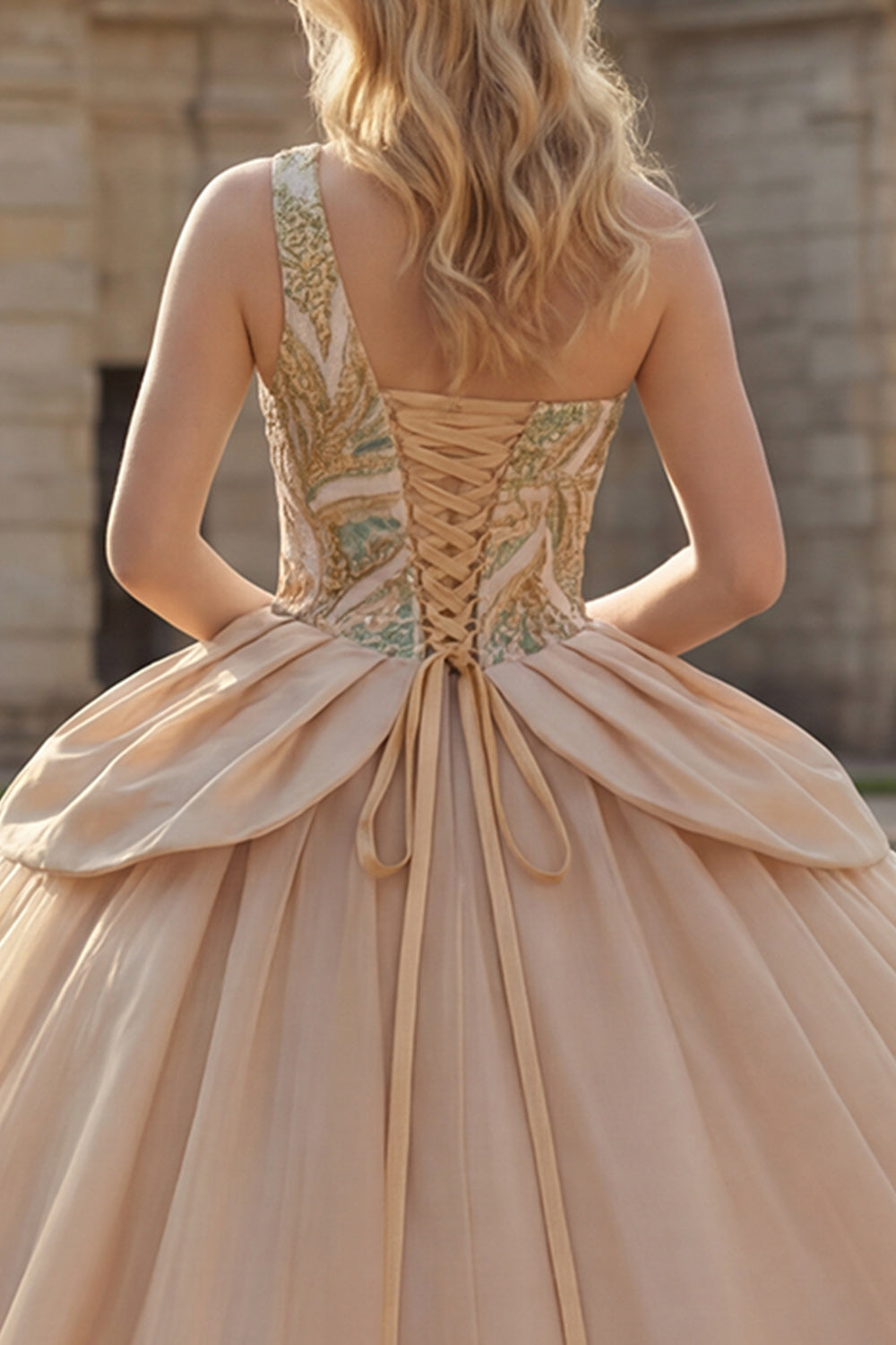 Princess Long Sparkly Champagne Sequin Quinceanera Dress with Ruffles