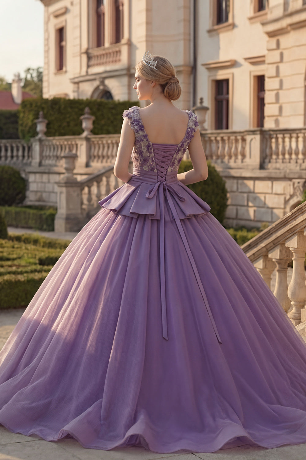 Floral V-Neck Purple Princess Long Quinceanera Dress with Ruffles