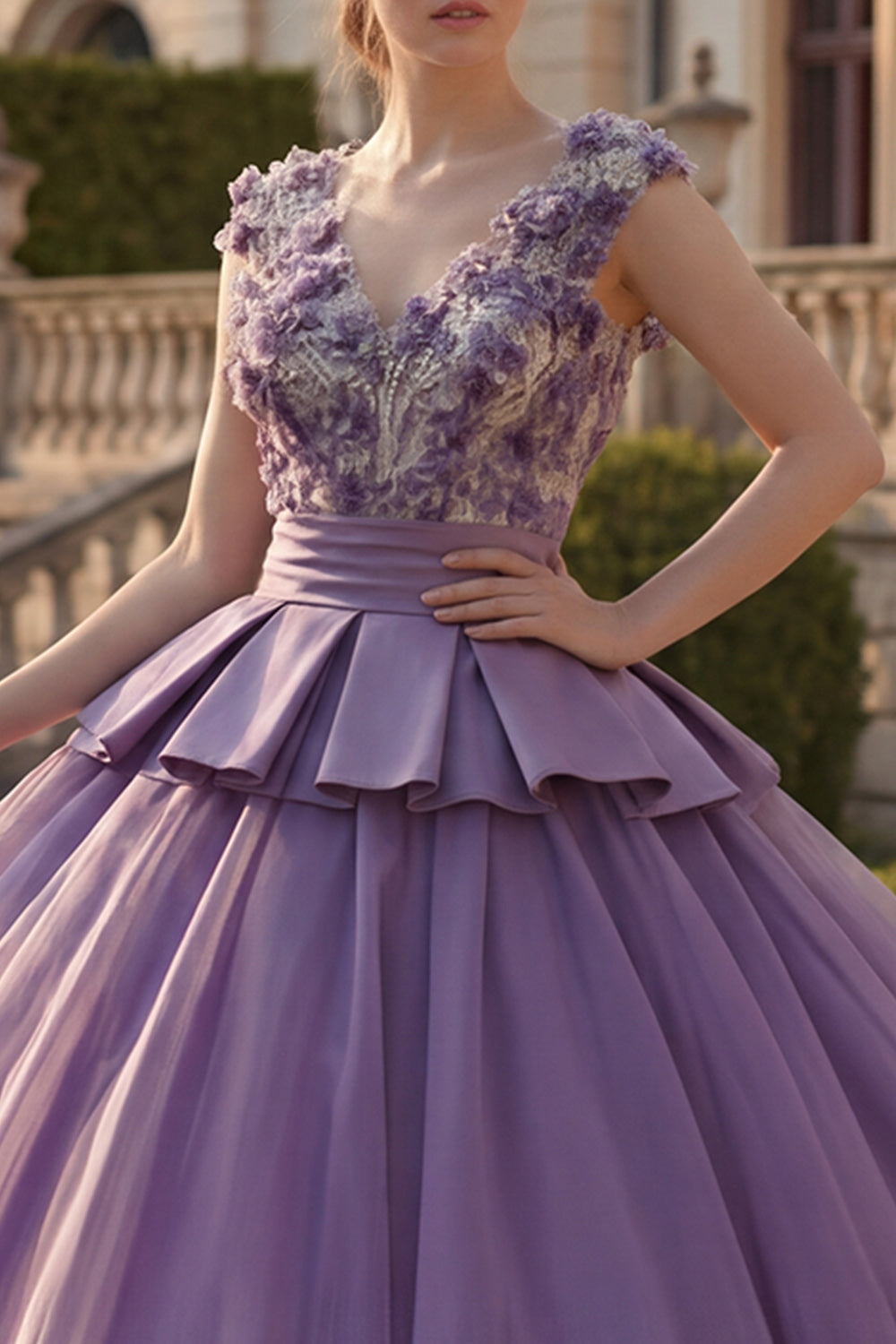 Floral V-Neck Purple Princess Long Quinceanera Dress with Ruffles