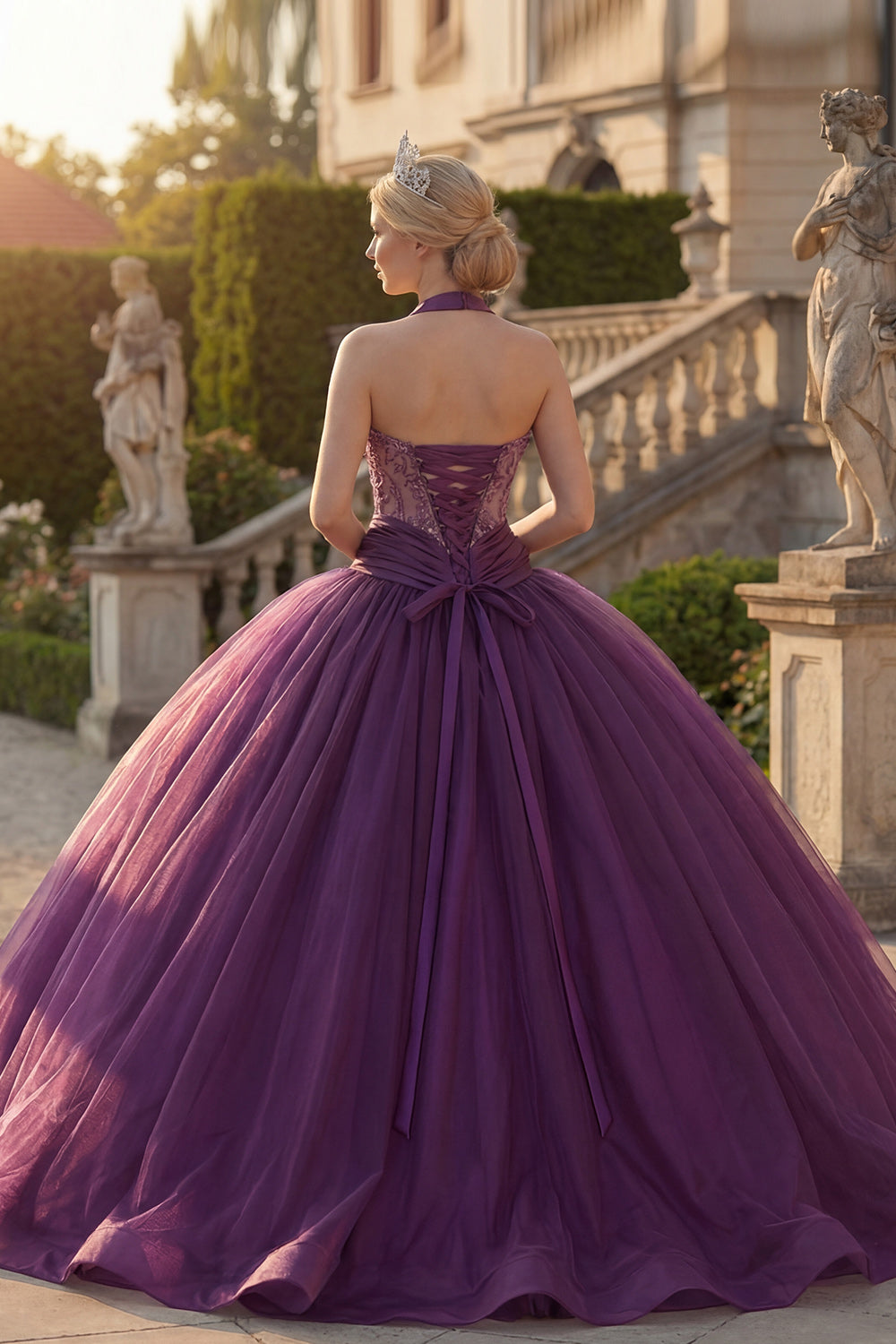 Princess Dark Purple Beaded Halter Long Quinceanera Dress with Ruffles
