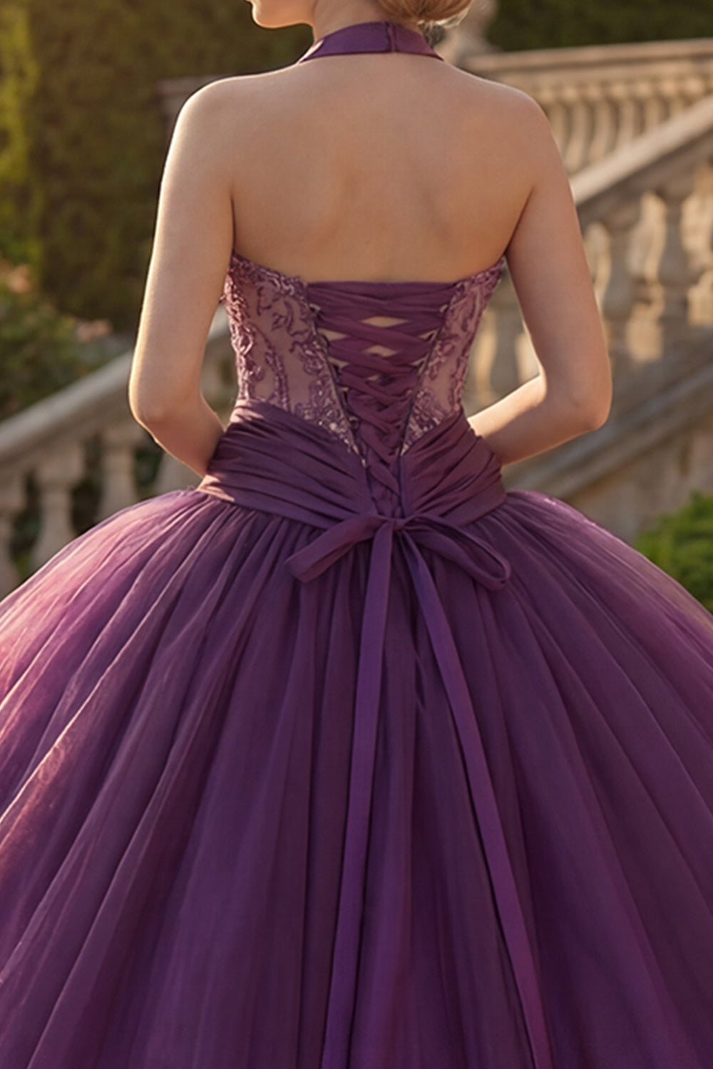 Princess Dark Purple Beaded Halter Long Quinceanera Dress with Ruffles