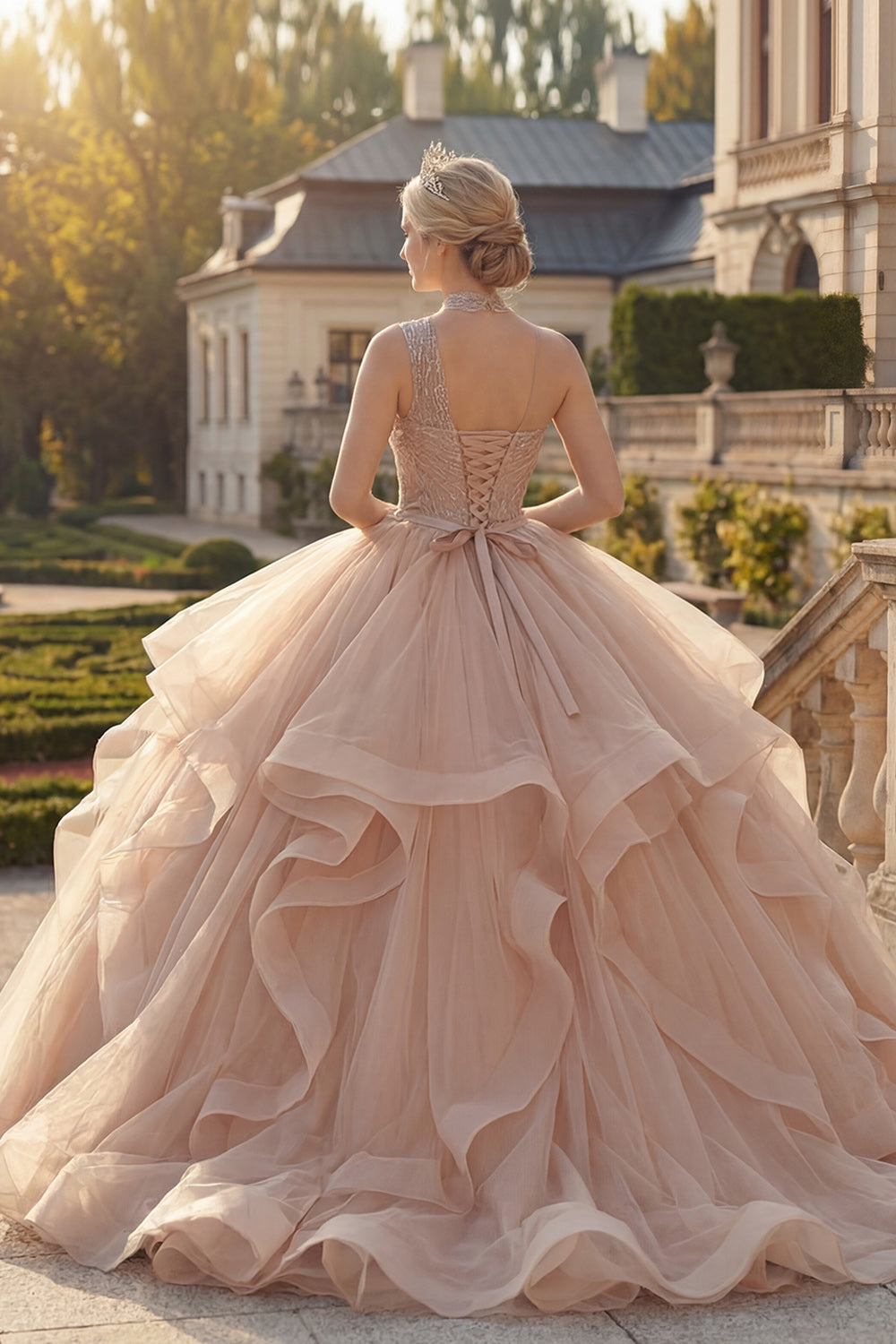 Sparkly Champagne Long Ruffled Princess Quinceanera Dress with Beading