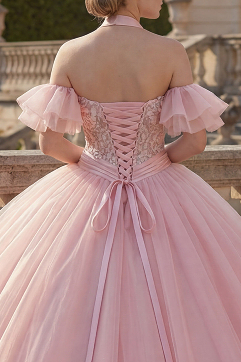 Pink Floral Halter Ruffled Princess Long Quinceanera Dress with Beading