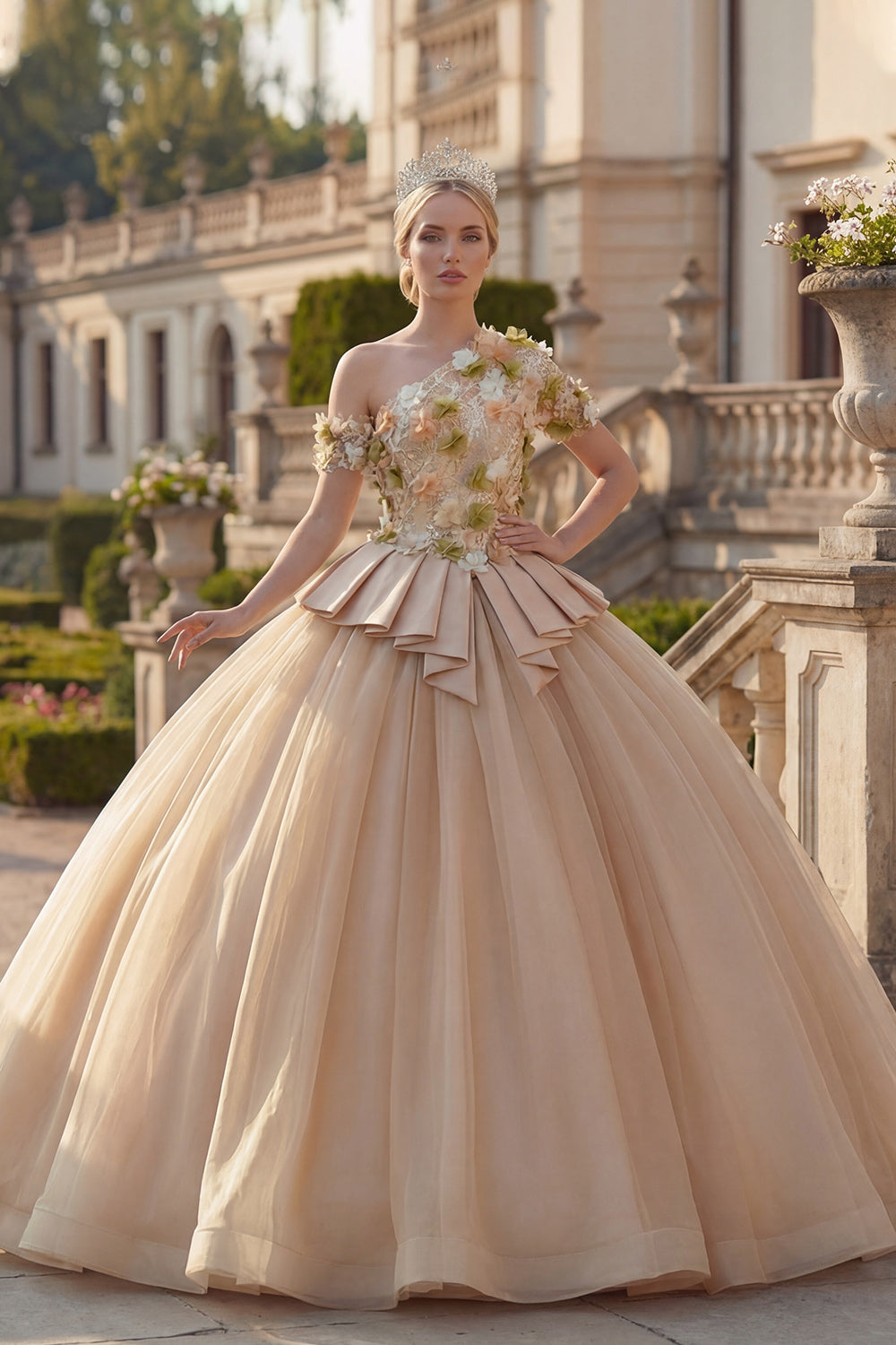 Champagne Floral One Shoulder Princess Long Quinceanera Dress with Ruffles