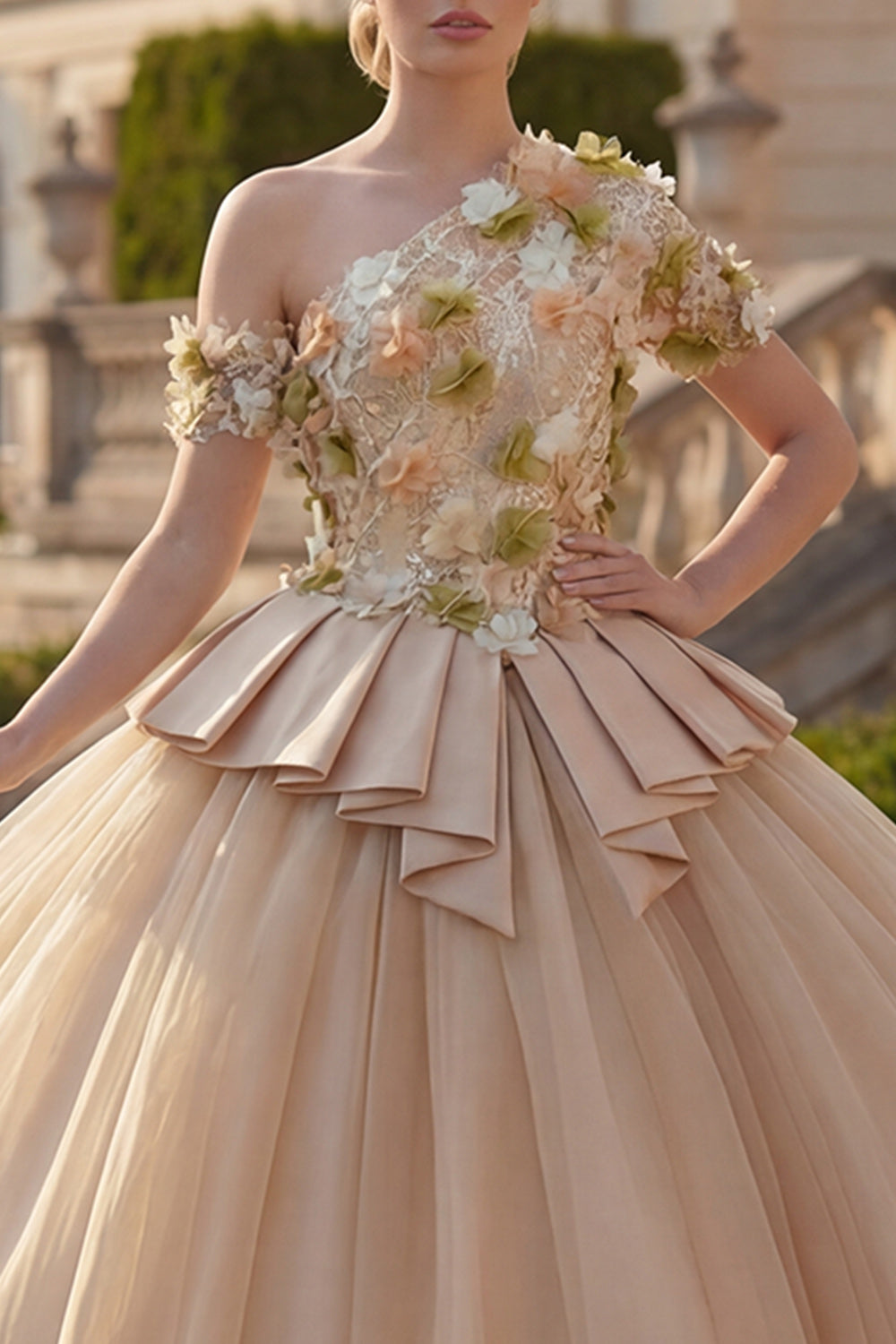 Champagne Floral One Shoulder Princess Long Quinceanera Dress with Ruffles