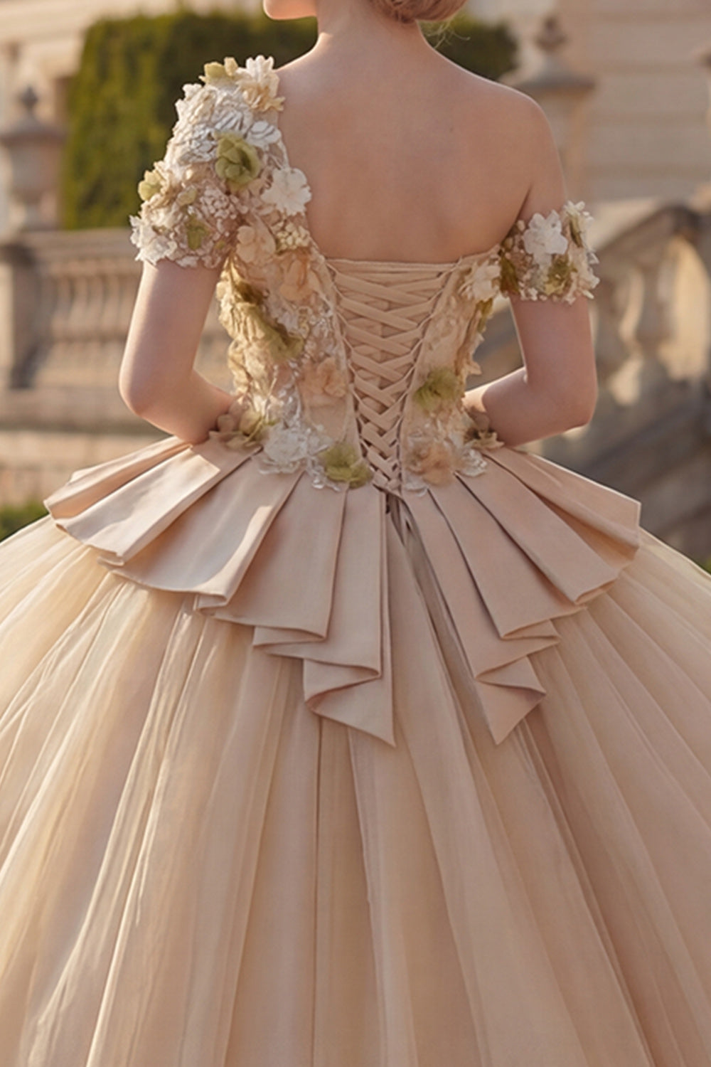 Champagne Floral One Shoulder Princess Long Quinceanera Dress with Ruffles